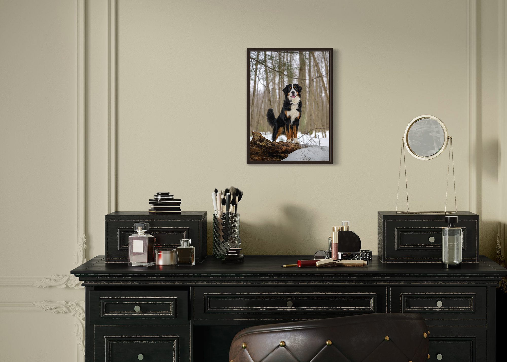 Pet portrait wall art in a home